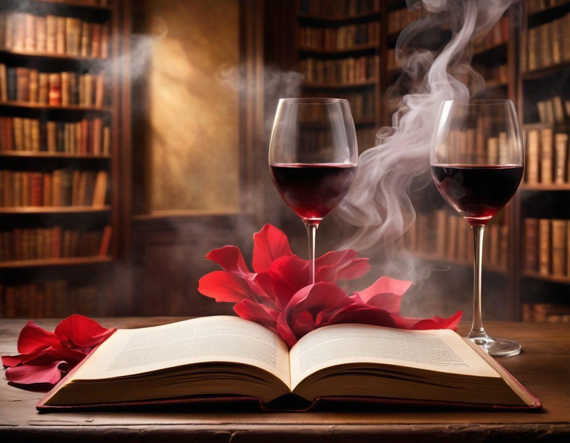 A sultry, elegant book cover design featuring an open book with pages fluttering, surrounded by wisps of steam and playful shadows. The background is a dimly lit, cozy library with rich, warm colors, inviting textures, and hints of romance like a glass of red wine and rose petals. Subtle silhouettes of couples intertwined in the background evoke passion and intrigue. Elegant script overlay stating 'Tantalizing Tales'. super-realistic. warm tones. romantic ambiance.