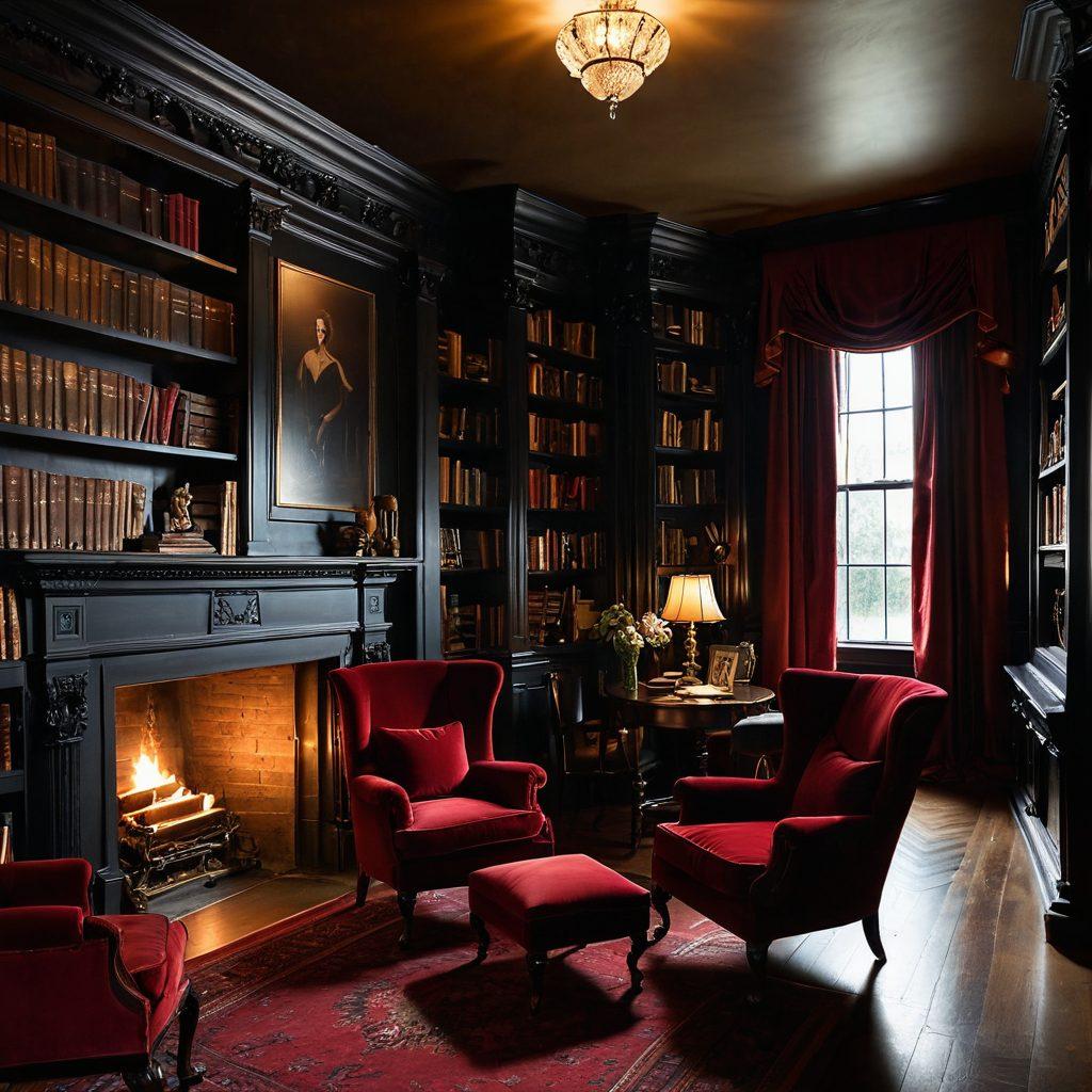 A dimly lit library filled with shelves of classic erotic literature, soft golden light illuminating sultry book covers. A plush velvet armchair sits invitingly in the foreground, draped in deep red and black fabrics. Wisps of silk hang from the ceiling, creating an intimate atmosphere, while a flickering candle casts dancing shadows. An open book reveals tantalizing passages, enticing the viewer to explore further. Romantic and moody, capturing the allure of desire. super-realistic. rich colors. intimate ambiance.
