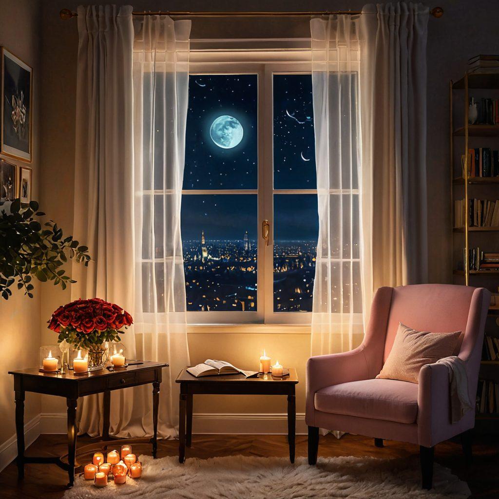 A cozy and inviting reading nook featuring a plush armchair surrounded by scattered erotic literature, soft candlelight casting a warm glow. A cup of steaming tea rests on a small table, alongside a delicate rose petal arrangement. In the background, a window draped with sheer curtains reveals a moonlit night, enhancing the atmosphere of intimacy and passion. The overall mood is romantic and serene, evoking deep emotional connections. super-realistic. warm tones. soft lighting.